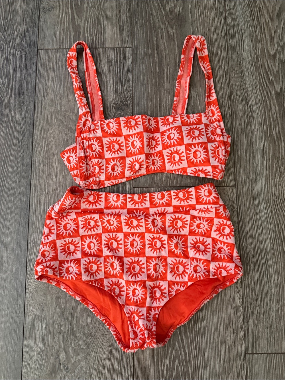 Rip Curl Red and Pink Checkered Sun Print High-Waist Bikini